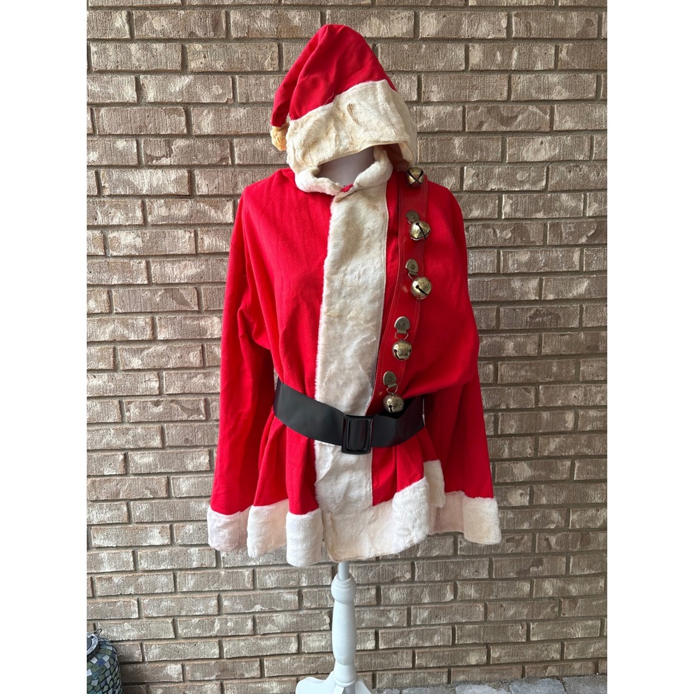 Vintage Santa Claus Costume Set Red Hooded Jacket Belt Jingle Bells Gift Bag